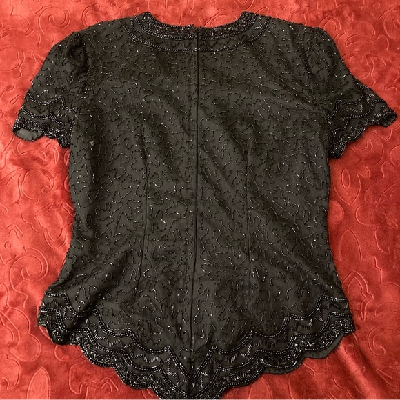 Vtg Stenay Silk Black Beaded Blouse Back Zip Scalloped Hem Sz L - Picture 3 of 10